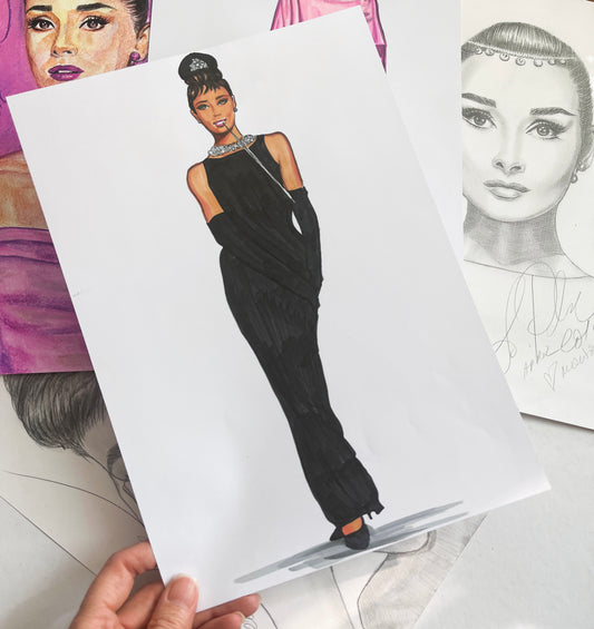 Audrey Hepburn, Breakfast at Tiffany's, ORIGINAL Marker Drawing, Artwork by Svetlana Pelin