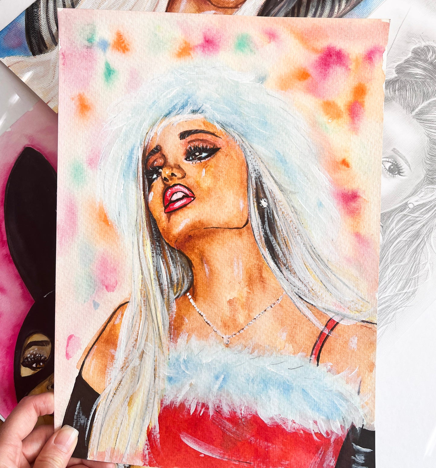 Ariana Grande, AG, Santa Baby, ORIGINAL Watercolor Painting, Artwork by Svetlana Pelin