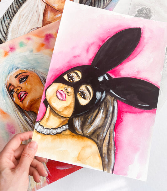 Ariana Grande, AG, Bunny, ORIGINAL Watercolor Painting, Artwork by Svetlana Pelin
