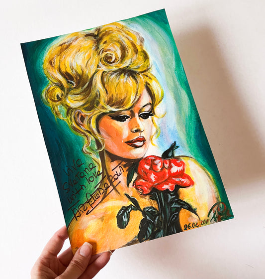 Brigitte Bardot, BB Autograph, Red rose,  ORIGINAL Acrylic Painting, Artwork by Svetlana Pelin