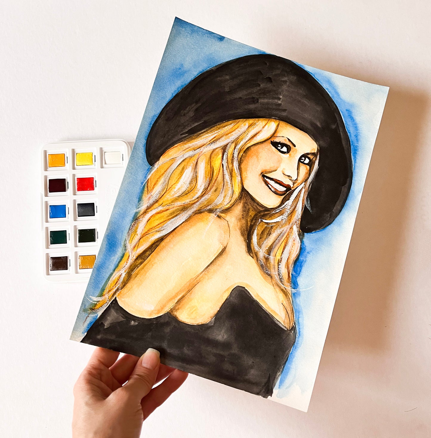 Claudia Schiffer, Black hat, ORIGINAL Watercolor Painting, Artwork by Svetlana Pelin