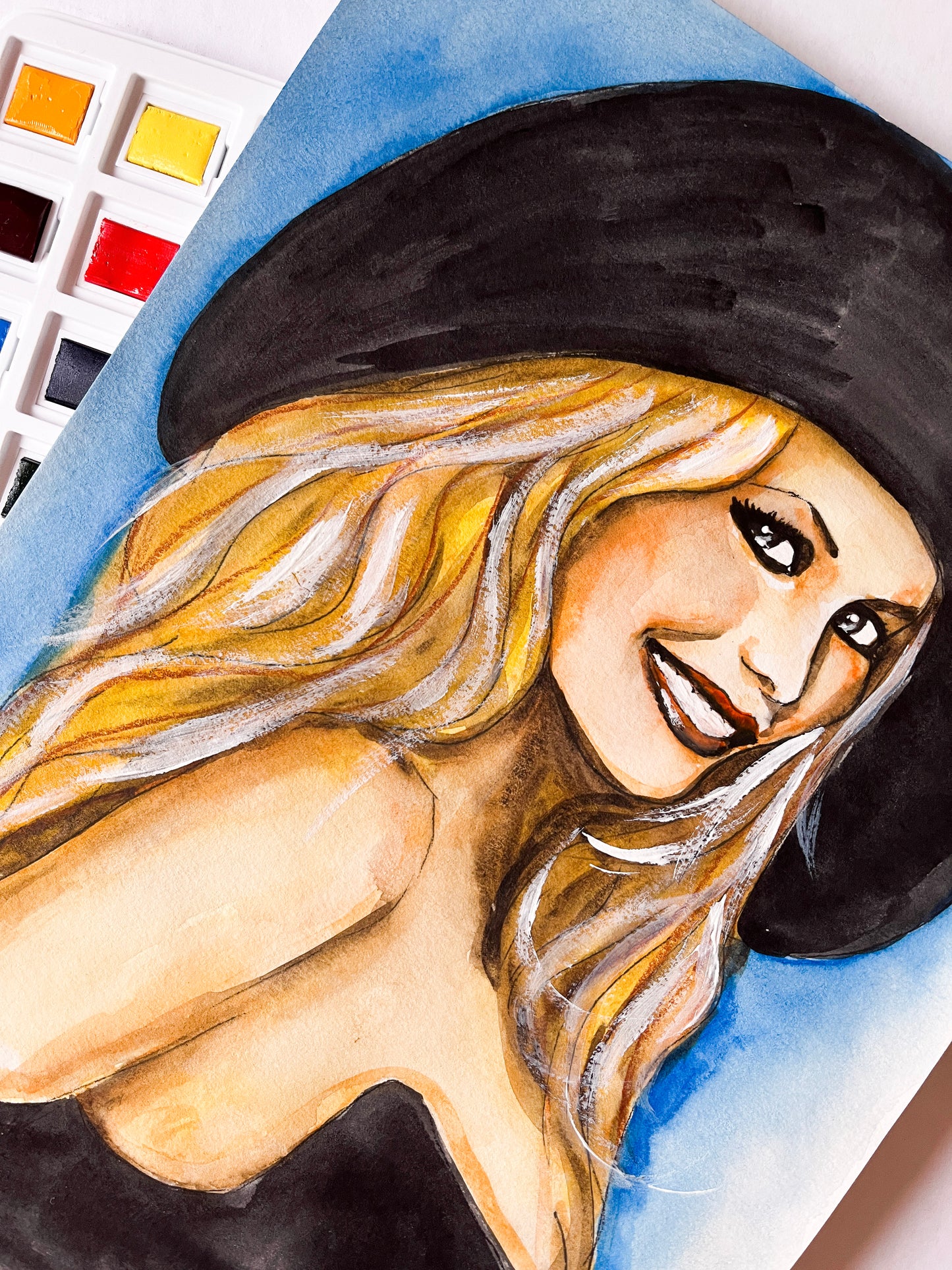 Claudia Schiffer, Black hat, ORIGINAL Watercolor Painting, Artwork by Svetlana Pelin