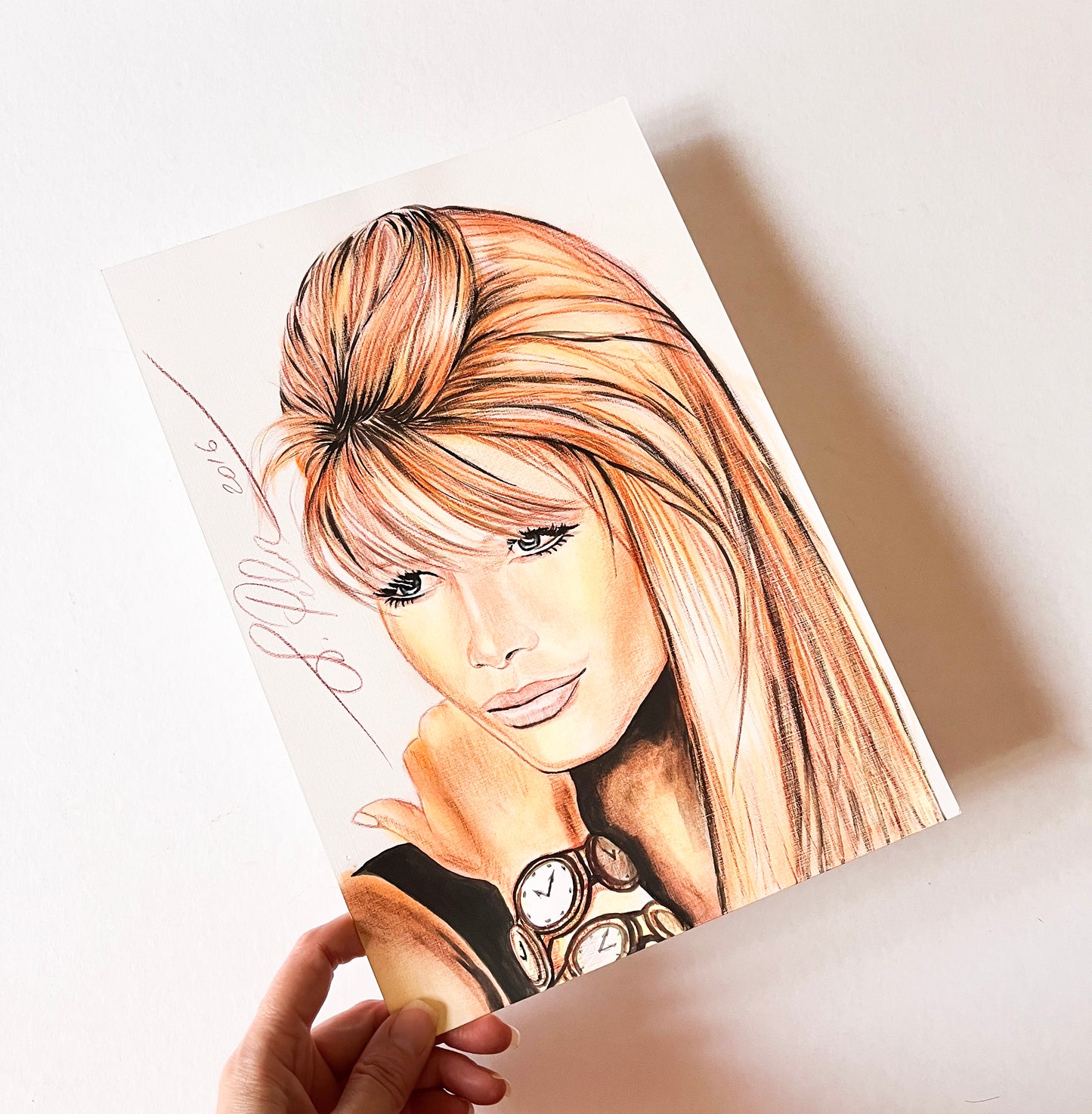 Claudia Schiffer, Watch, ORIGINAL Watercolor Pencils, Artwork by Svetlana Pelin