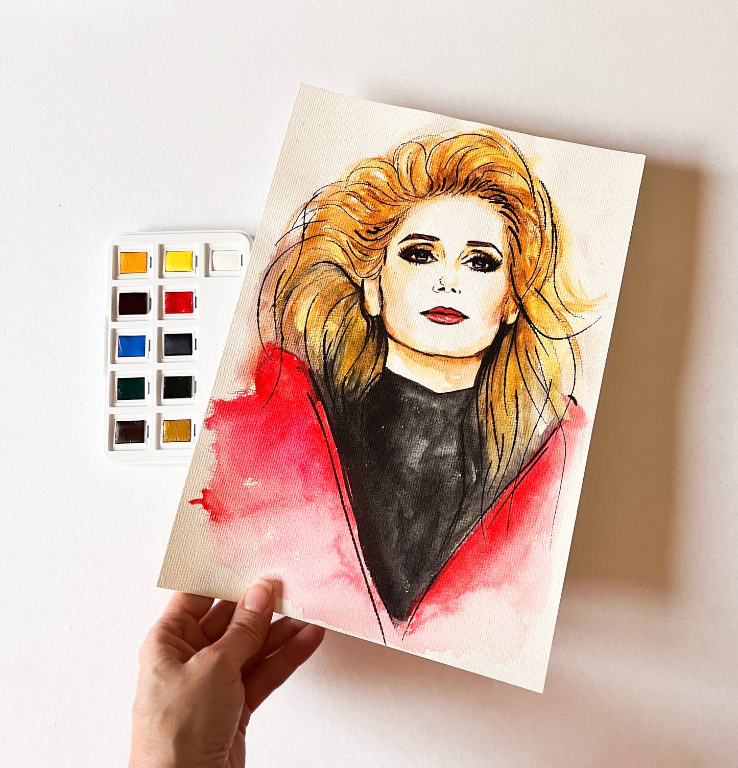 Catherine Deneuve, ORIGINAL Watercolor Painting, Artwork by Svetlana Pelin