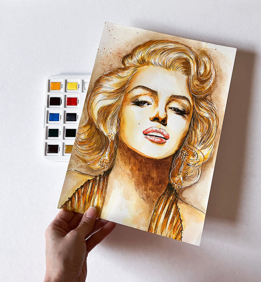 Marilyn Monroe, Gene Korman, Gold Dress, ORIGINAL Watercolor Painting, Artwork by Svetlana Pelin