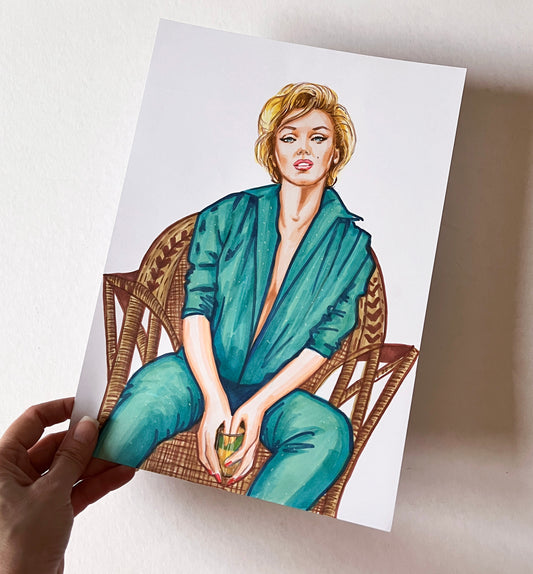 Marilyn Monroe, Milton Greene, Blue, Wicker sitting, ORIGINAL Marker drawing, Artwork by Svetlana Pelin