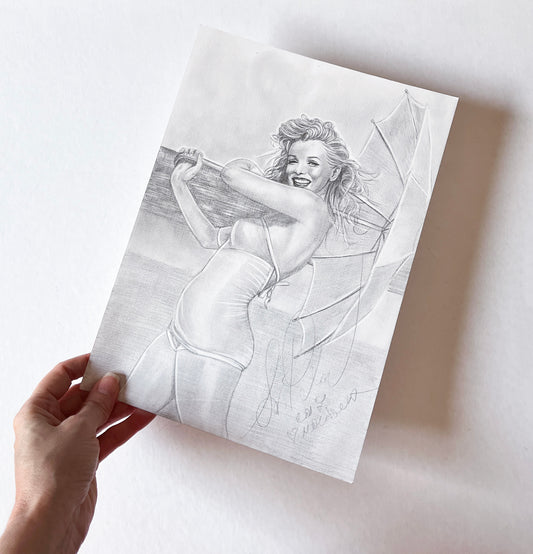 White Umbrella, André de Dienes, ORIGINAL Pencil Drawing, Artwork by Svetlana Pelin