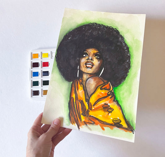 Diana Ross, Afro, Music 80s, ORIGINAL Watercolor Painting, Artwork by Svetlana Pelin