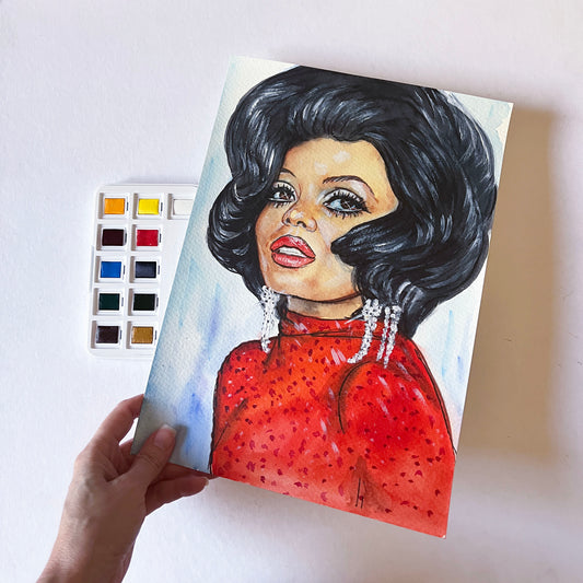Diana Ross, Red dress, ORIGINAL Watercolor Painting, Artwork by Svetlana Pelin