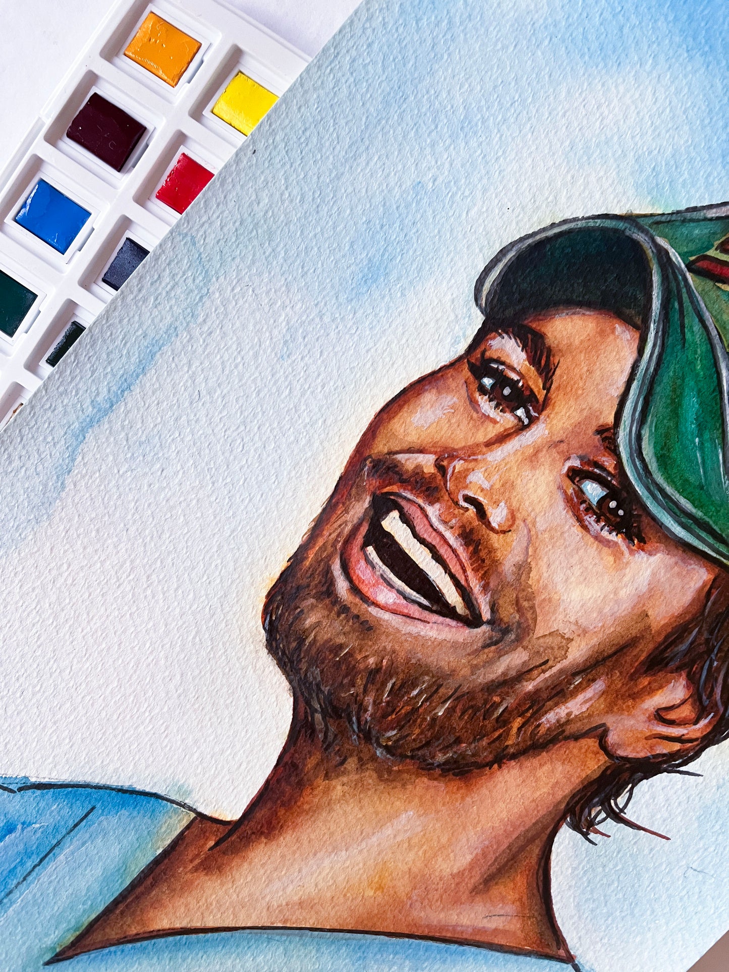 Enrique Iglesias, Baseball cap, ORIGINAL Watercolor Painting, Artwork by Svetlana Pelin
