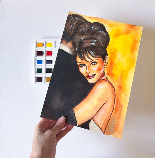 Elizabeth Hurley, Dazzling, ORIGINAL Watercolor Painting, Artwork by Svetlana Pelin