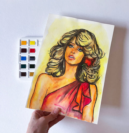 Farrah Fawcett, ORIGINAL Watercolor Painting, Artwork by Svetlana Pelin