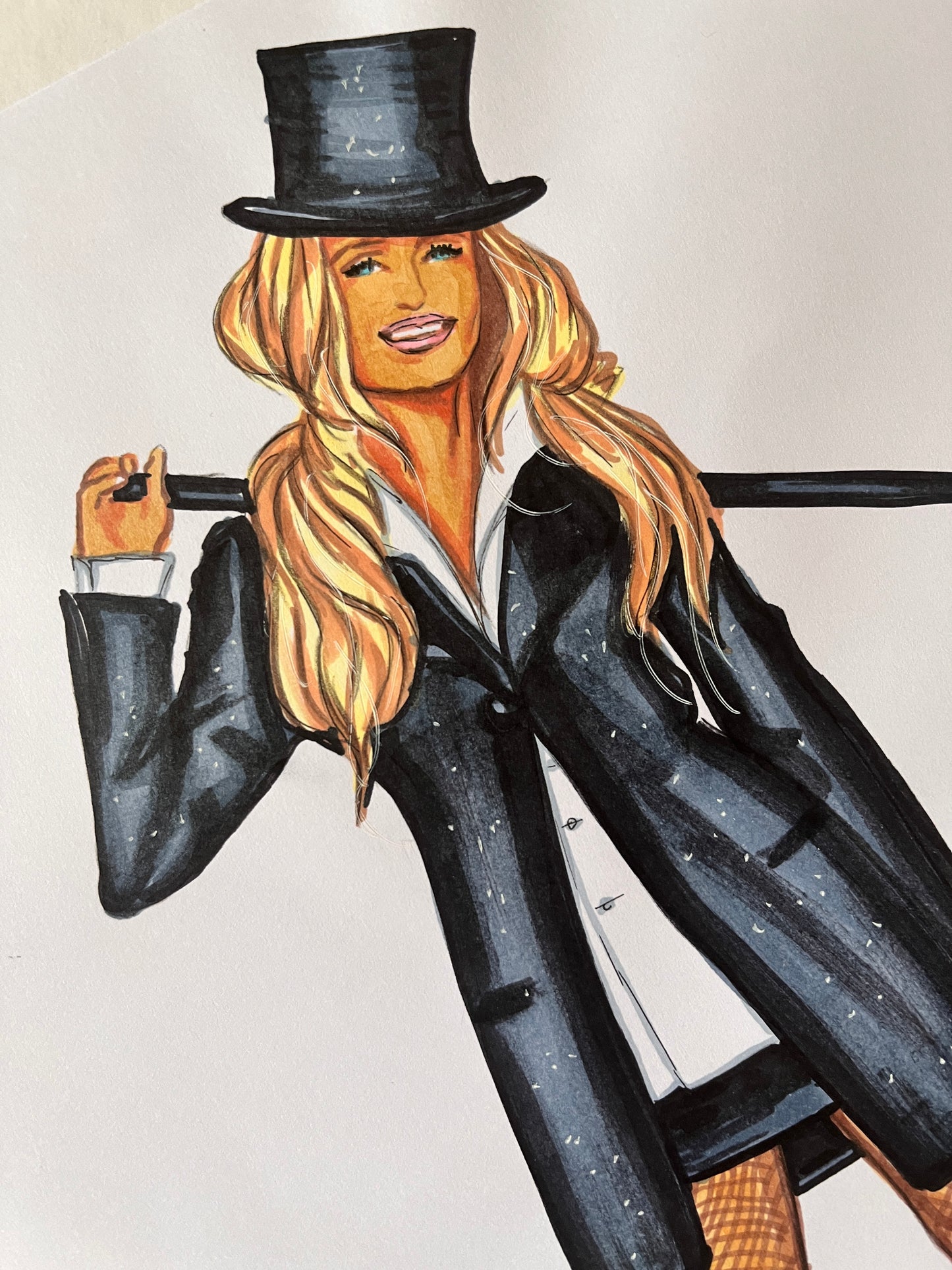 Farrah Fawcett, Black Top Hat, ORIGINAL Marker drawing, Artwork by Svetlana Pelin