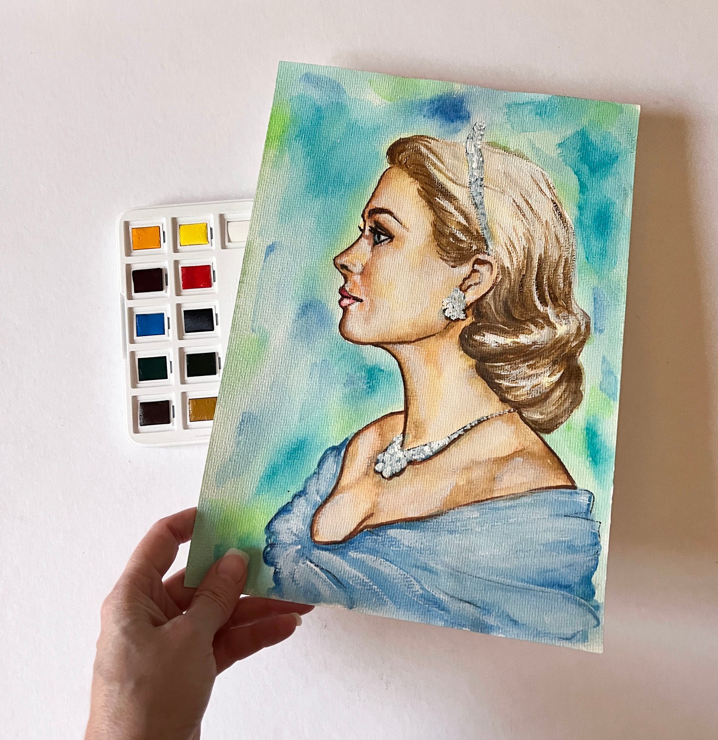 Grace Kelly, Tiara, ORIGINAL Watercolor Painting, Artwork by Svetlana Pelin