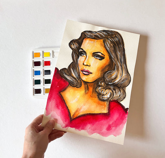 Gene Tierney, Red dress, ORIGINAL Watercolor Painting, Artwork by Svetlana Pelin