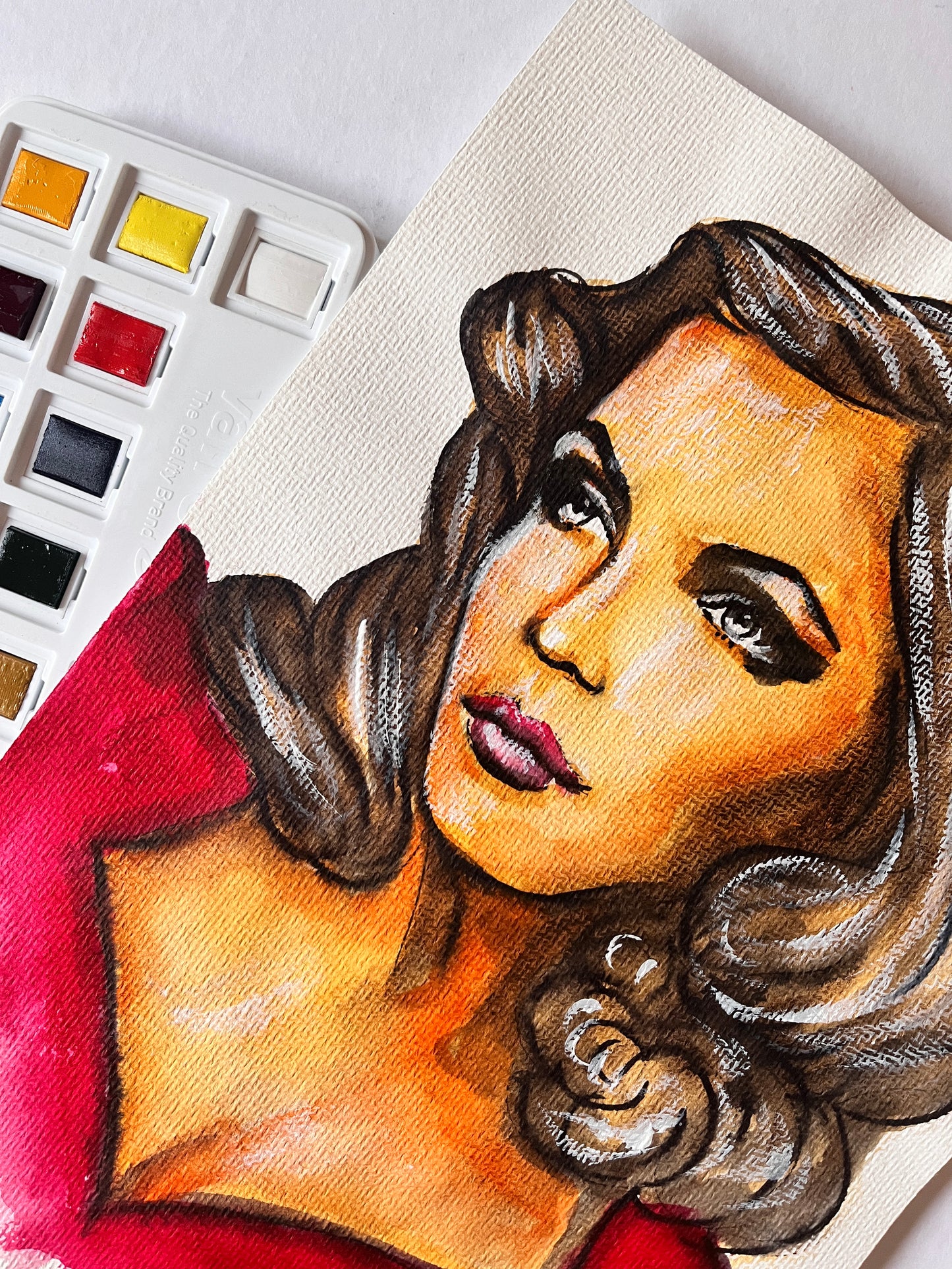 Gene Tierney, Red dress, ORIGINAL Watercolor Painting, Artwork by Svetlana Pelin