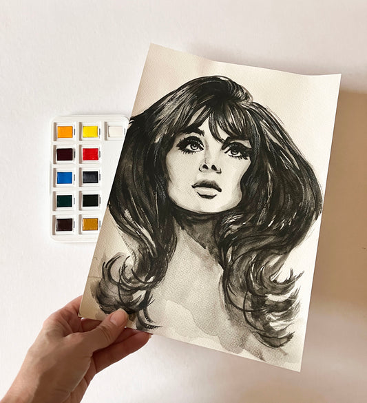 Jean Shrimpton, ORIGINAL Watercolor Painting, Artwork by Svetlana Pelin