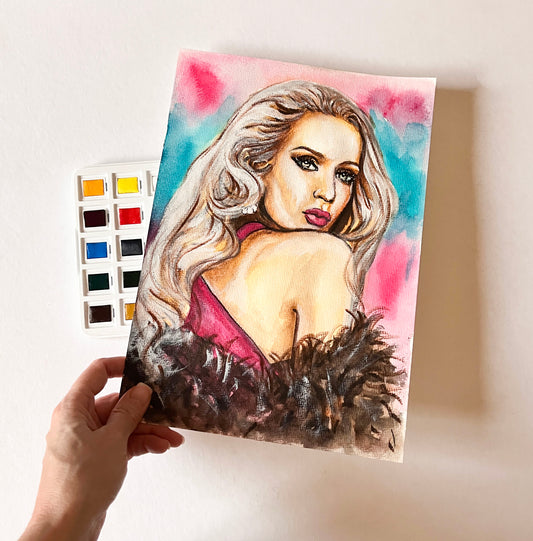 Jerry Hall, ORIGINAL Watercolor Painting, Artwork by Svetlana Pelin