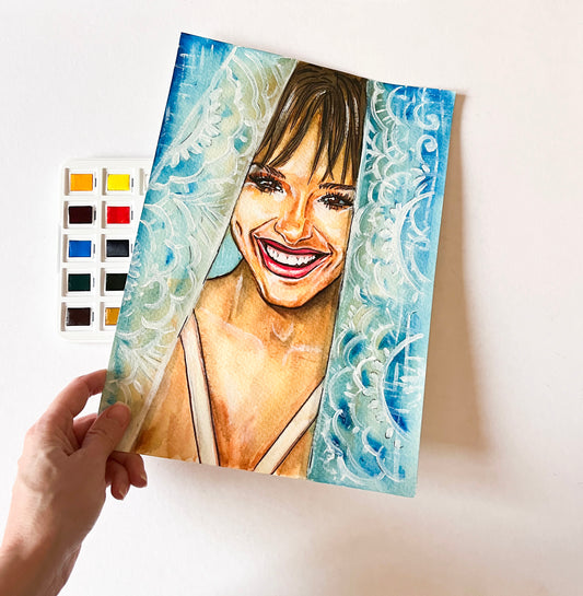 Jennifer Garner, Curtains, ORIGINAL Watercolor Painting, Artwork by Svetlana Pelin