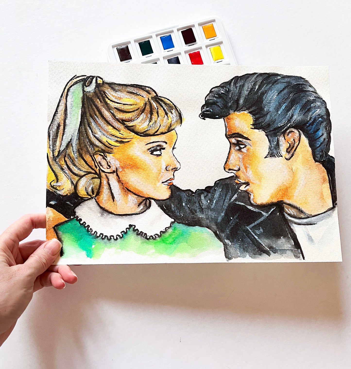 John Travolta, Olivia Newton-John, Grease, ORIGINAL Watercolor Painting, Artwork by Svetlana Pelin