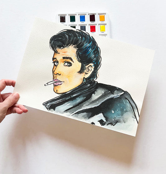 John Travolta, Grease, Danny Zuko, ORIGINAL Watercolor Painting, Artwork by Svetlana Pelin