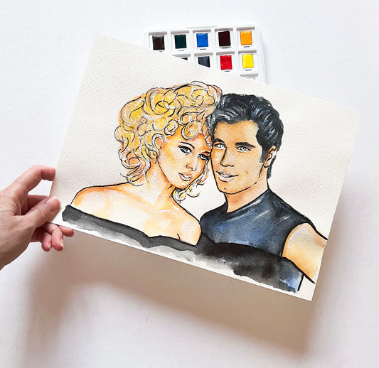 John Travolta, Olivia Newton-John, Grease, ORIGINAL Watercolor Painting, Artwork by Svetlana Pelin