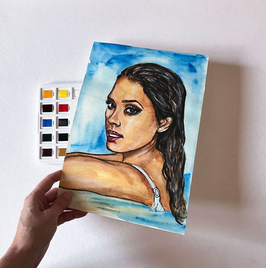 Jessica Alba, Pool, ORIGINAL Watercolor Painting, Artwork by Svetlana Pelin