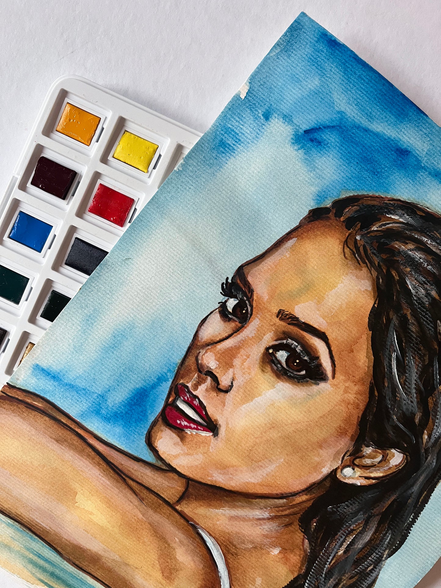 Jessica Alba, Pool, ORIGINAL Watercolor Painting, Artwork by Svetlana Pelin