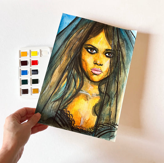 Jenna Ortega, Wednesday Addams, ORIGINAL Watercolor Painting, Artwork by Svetlana Pelin