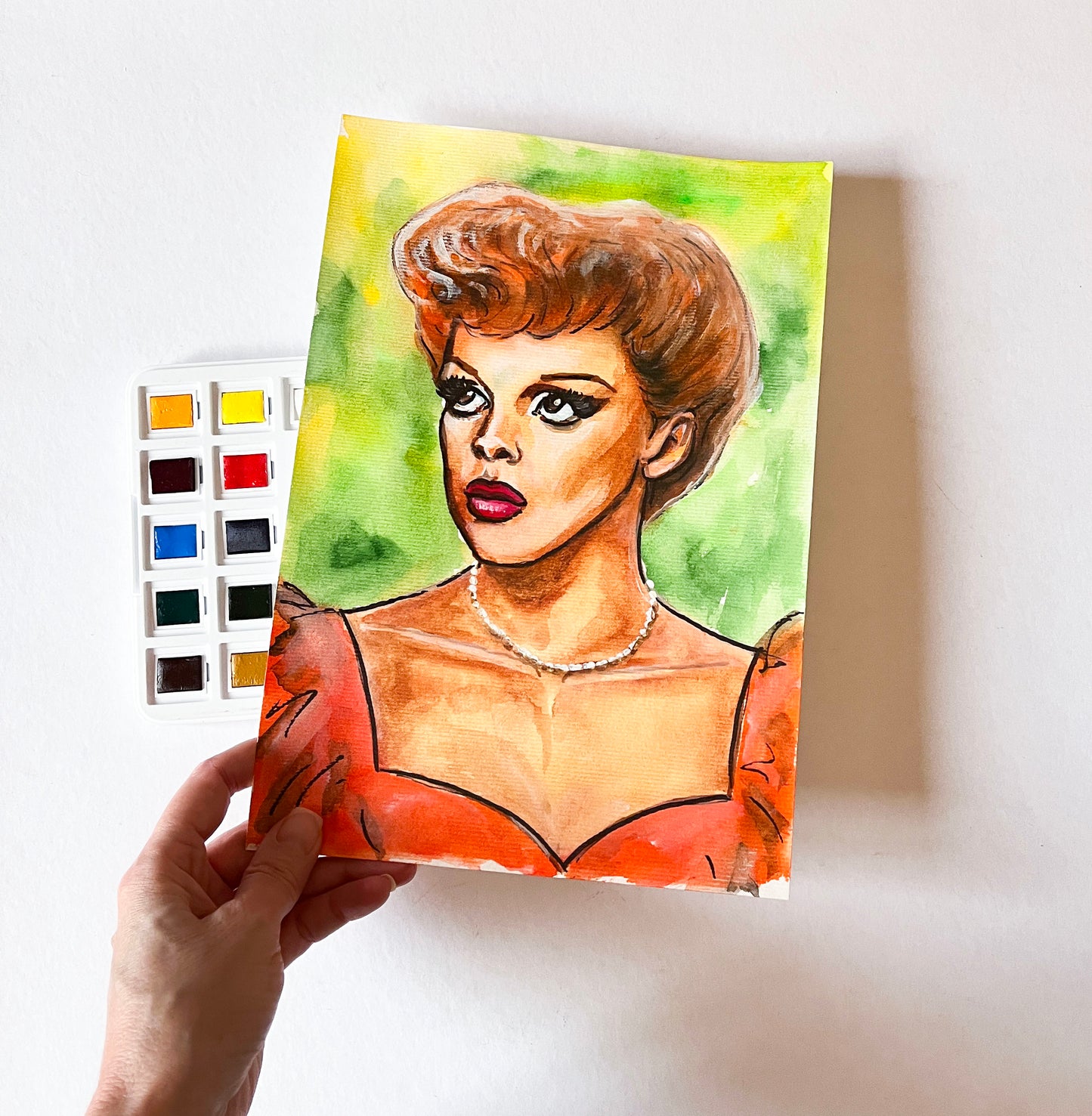 Judy Garland, Red velvet dress, Meet Me in St. Louis, ORIGINAL Watercolor Painting, Artwork by Svetlana Pelin