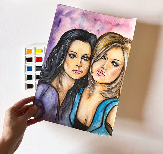 Courteney Cox, Jennifer Aniston, Friends, ORIGINAL Watercolor Painting, Artwork by Svetlana Pelin
