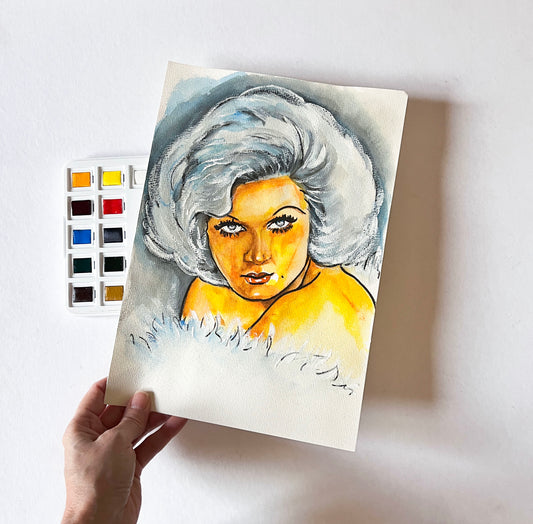 Jean Harlow, White Fur, ORIGINAL Watercolor Painting, Artwork by Svetlana Pelin