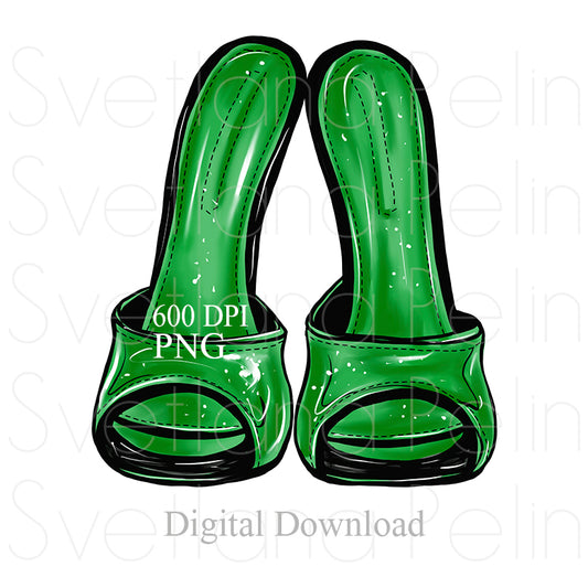 Green Mules, Women's Shoes, Digital Sticker, PNG, INSTANT Download