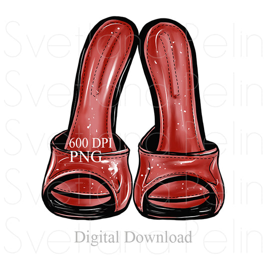 Red Mules, Women's Shoes, Digital Sticker, PNG, INSTANT Download