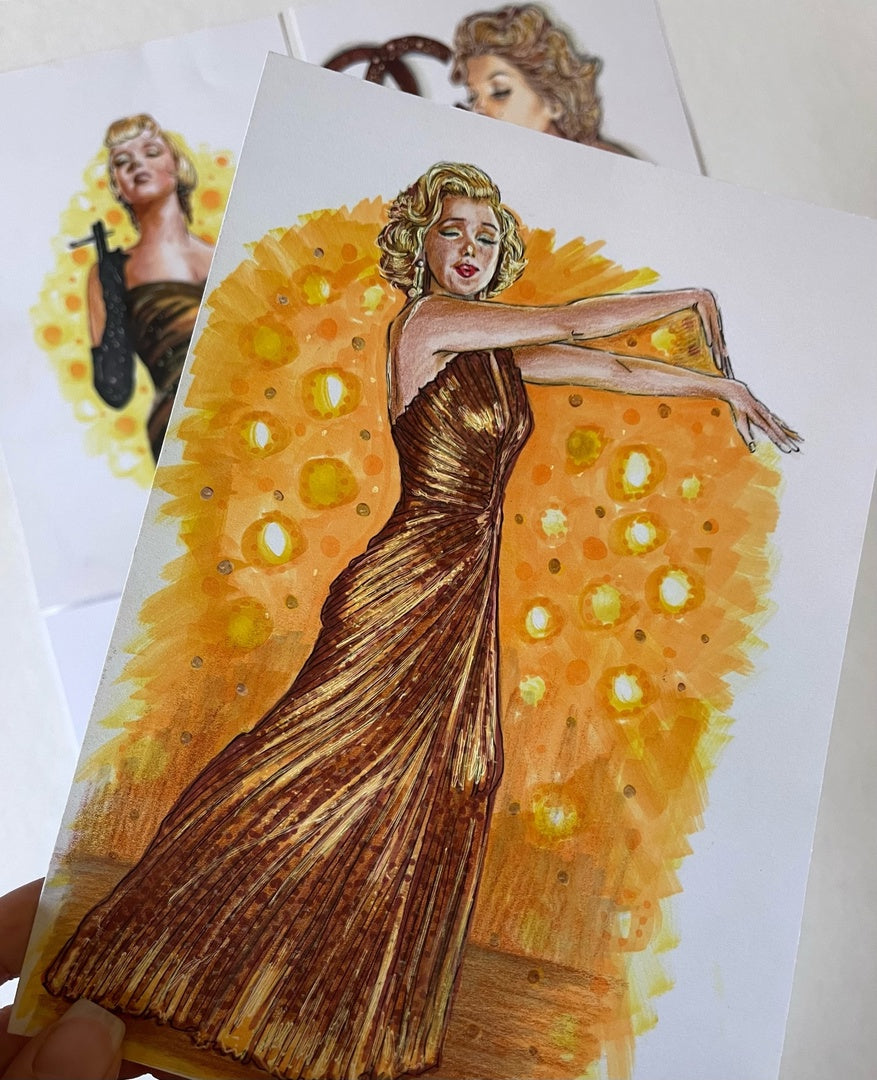 Marilyn Monroe, Gold gown, GPB, ORIGINAL Marker Drawing, Artwork by Svetlana Pelin